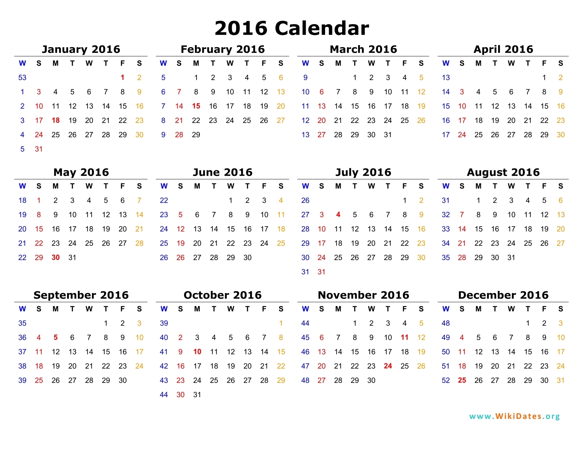 2016 Calendar WikiDates org