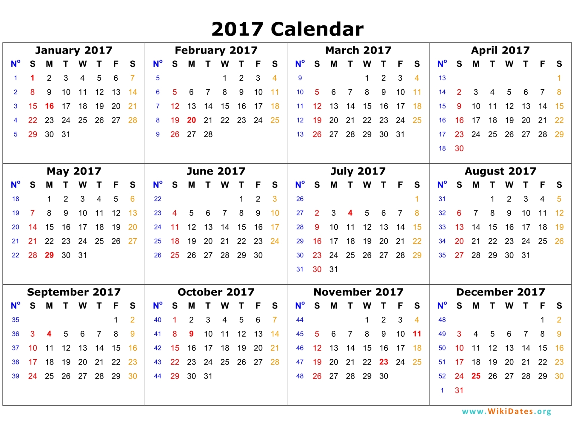 2017 Calendar WikiDates org