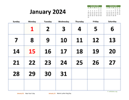Monthly 2024 Calendar with Extra-large Dates