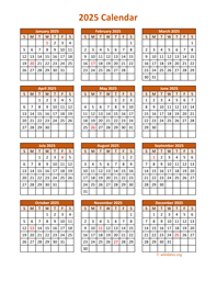 Full Year 2025 Calendar on one page