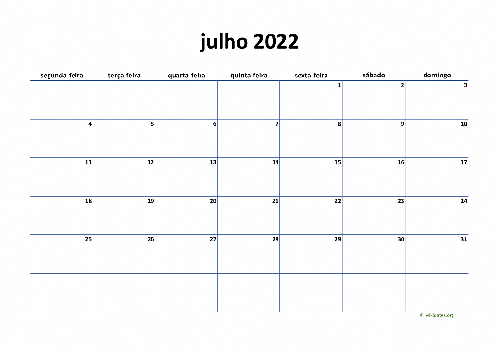 Calendário Julho 2022