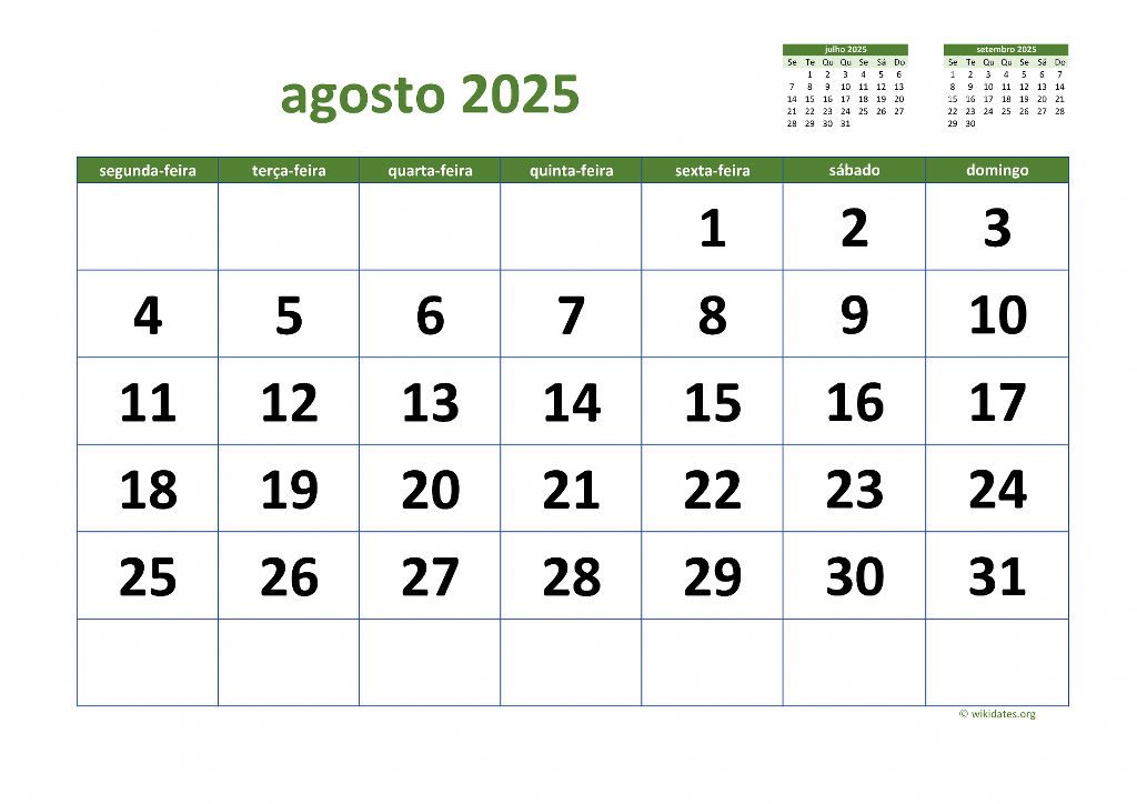 Calendário Agosto 2025