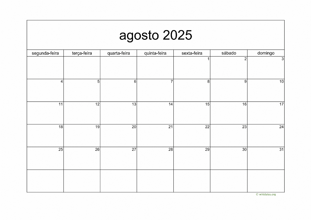 Calendário Agosto 2025 | WikiDates.org