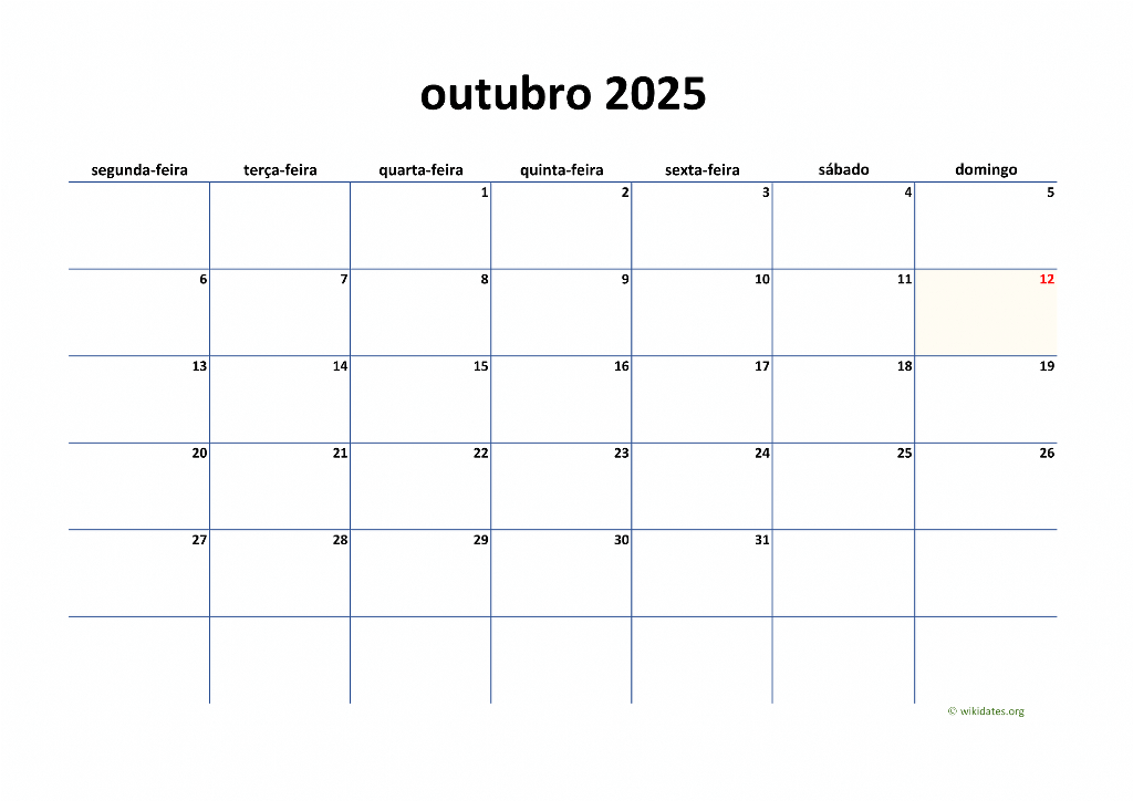 Calendário Outubro 2025