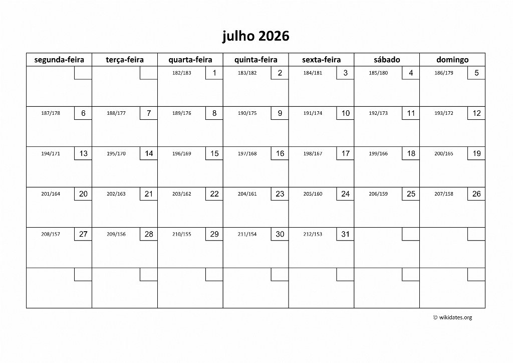 Calendário Julho 2026 