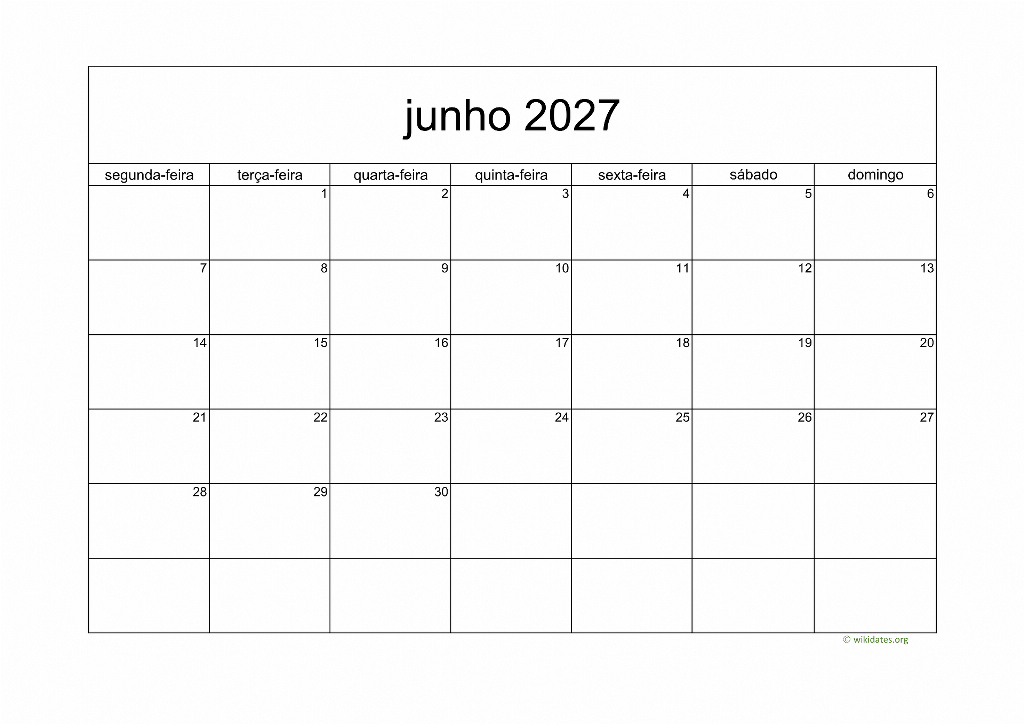 Calendário Junho 2027 