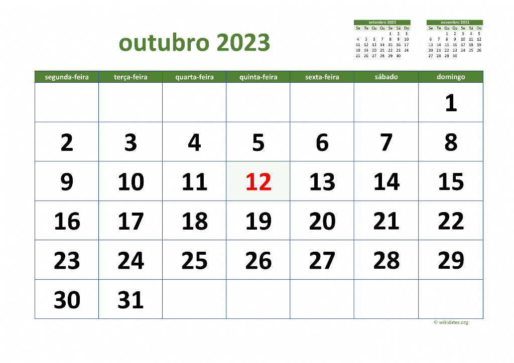 Calendário Outubro 2023