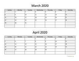 March and April 2020 Calendar
