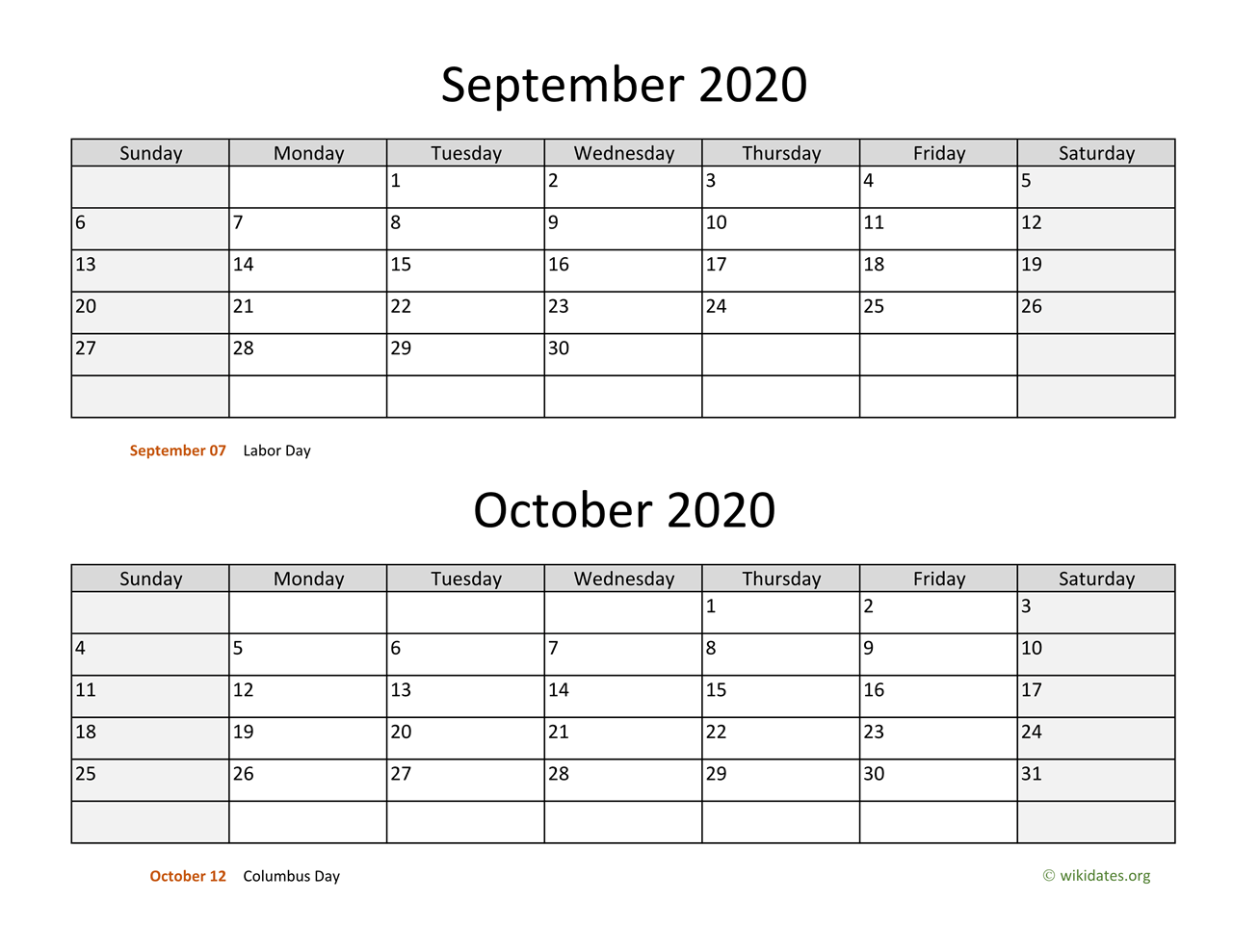 September and October 2020 Calendar