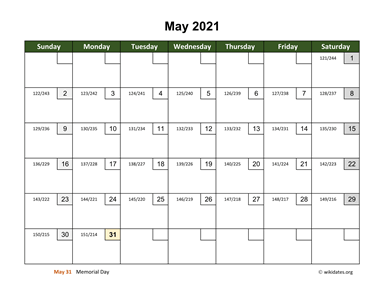 May 2021 Calendar with Day Numbers