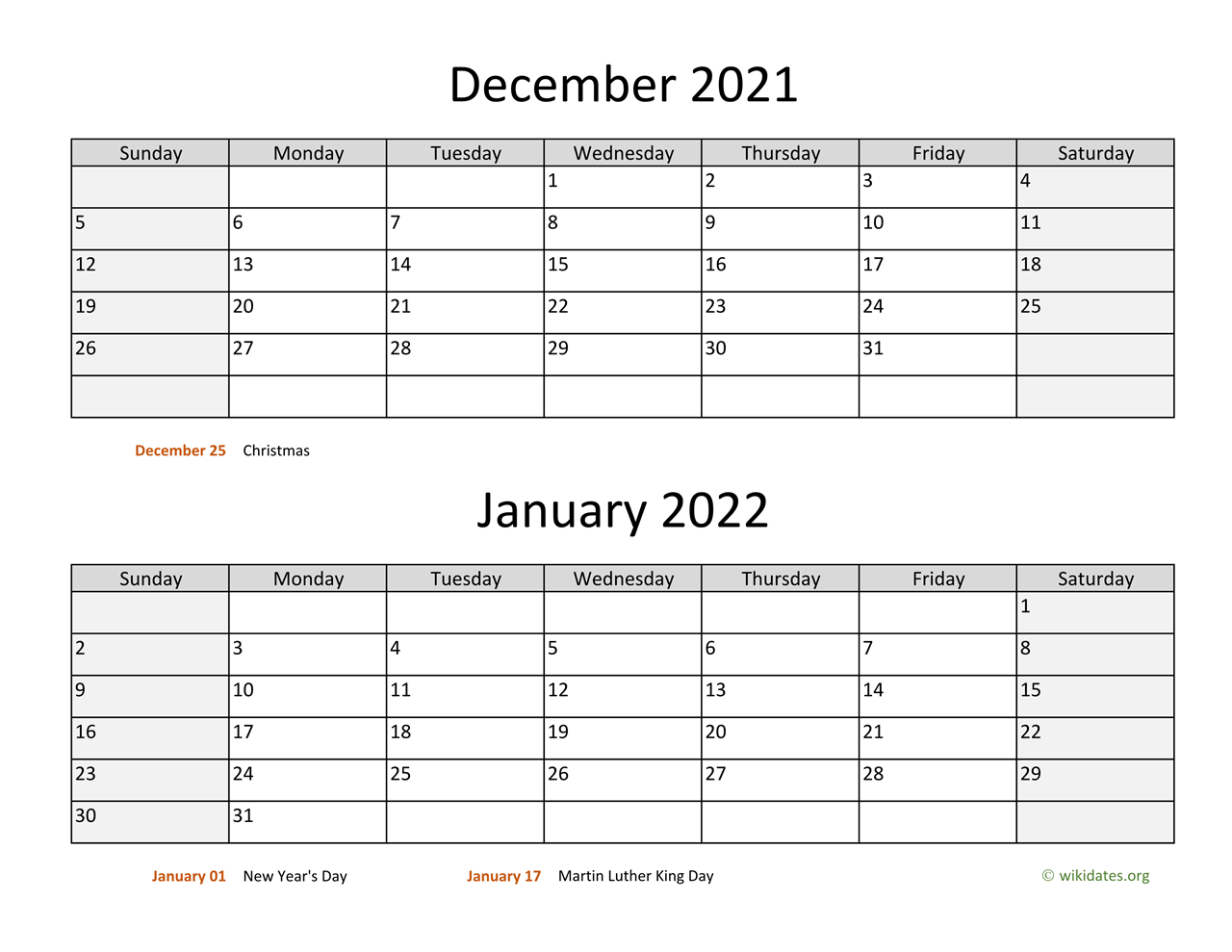 December 2021 and January 2022 Calendar | WikiDates.org