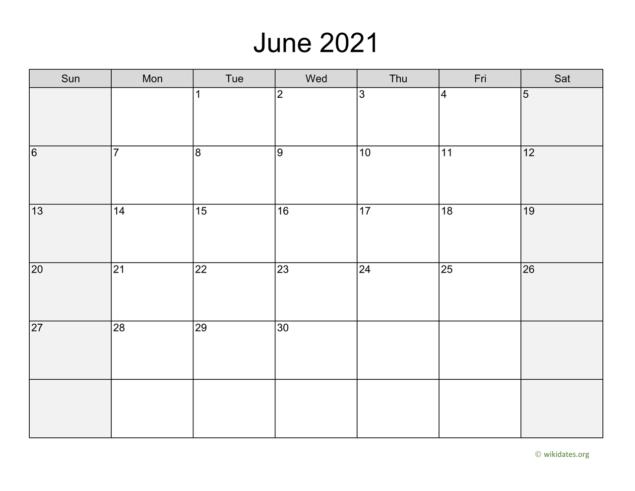 June 2021 Calendar with Weekend Shaded | WikiDates.org