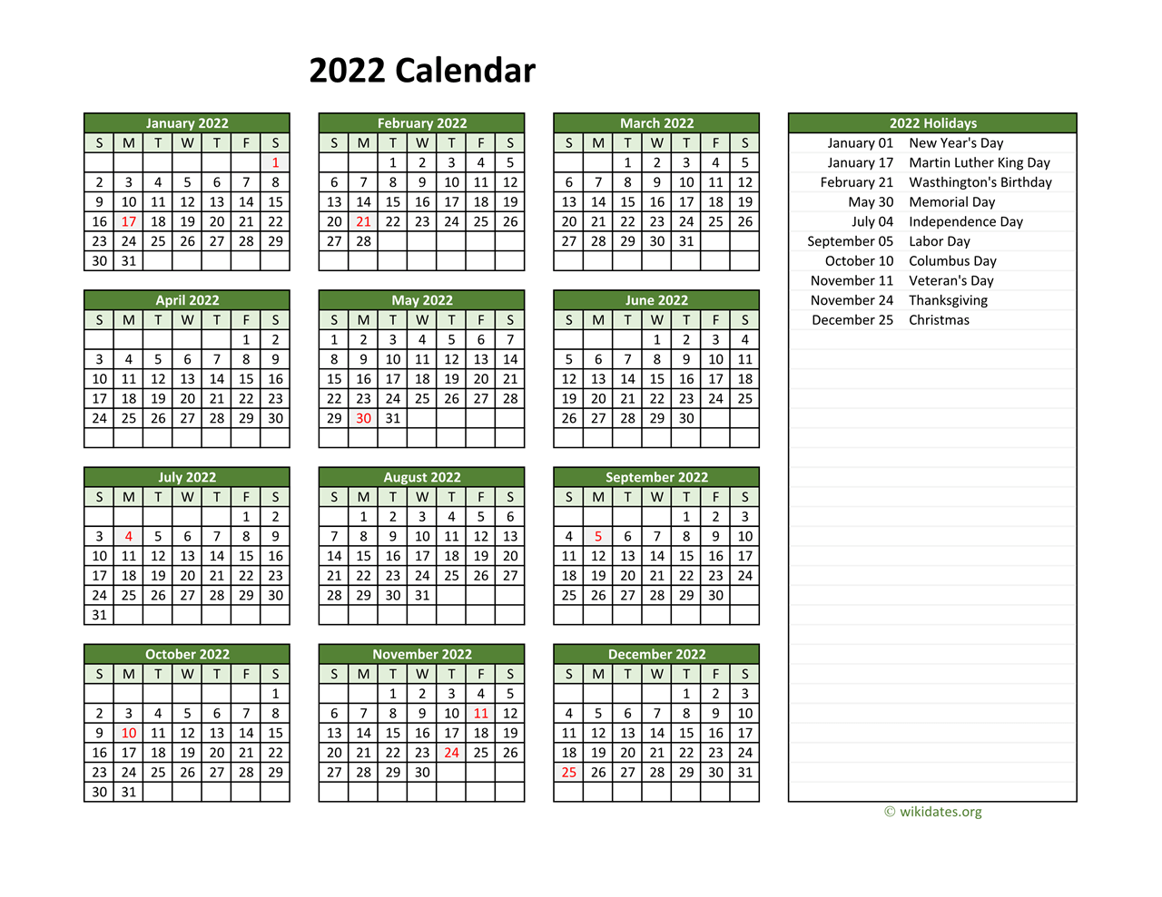 printable 2022 calendar with federal holidays wikidatesorg