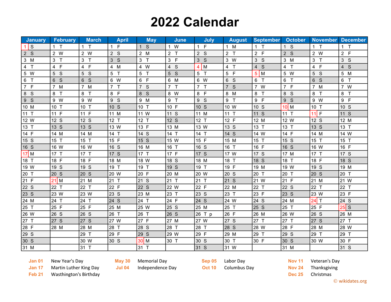 just calendar 2022