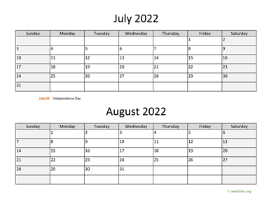 July and August 2022 Calendar Horizontal