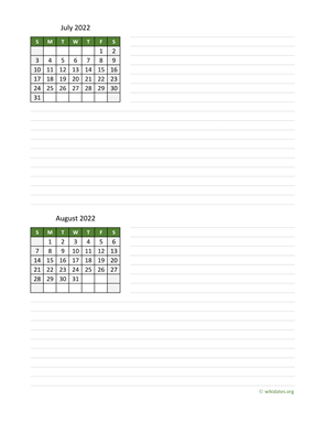 July and August 2022 Calendar with Notes