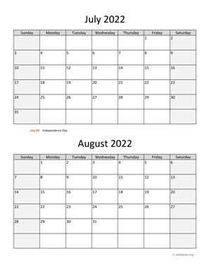 July and August 2022 Calendar Vertical