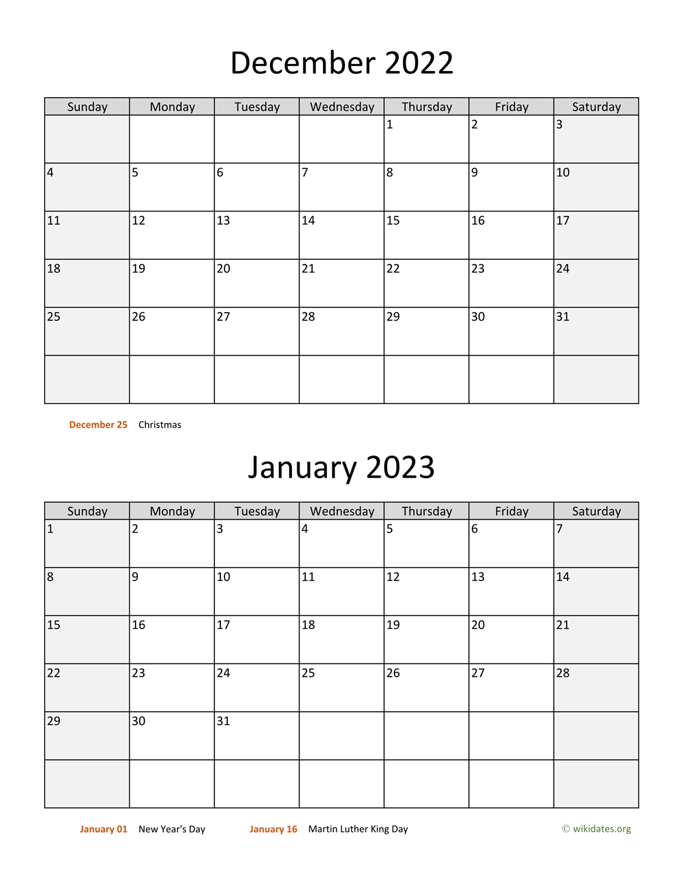 December 2022 And January 2023 Calendar | Wikidates.org