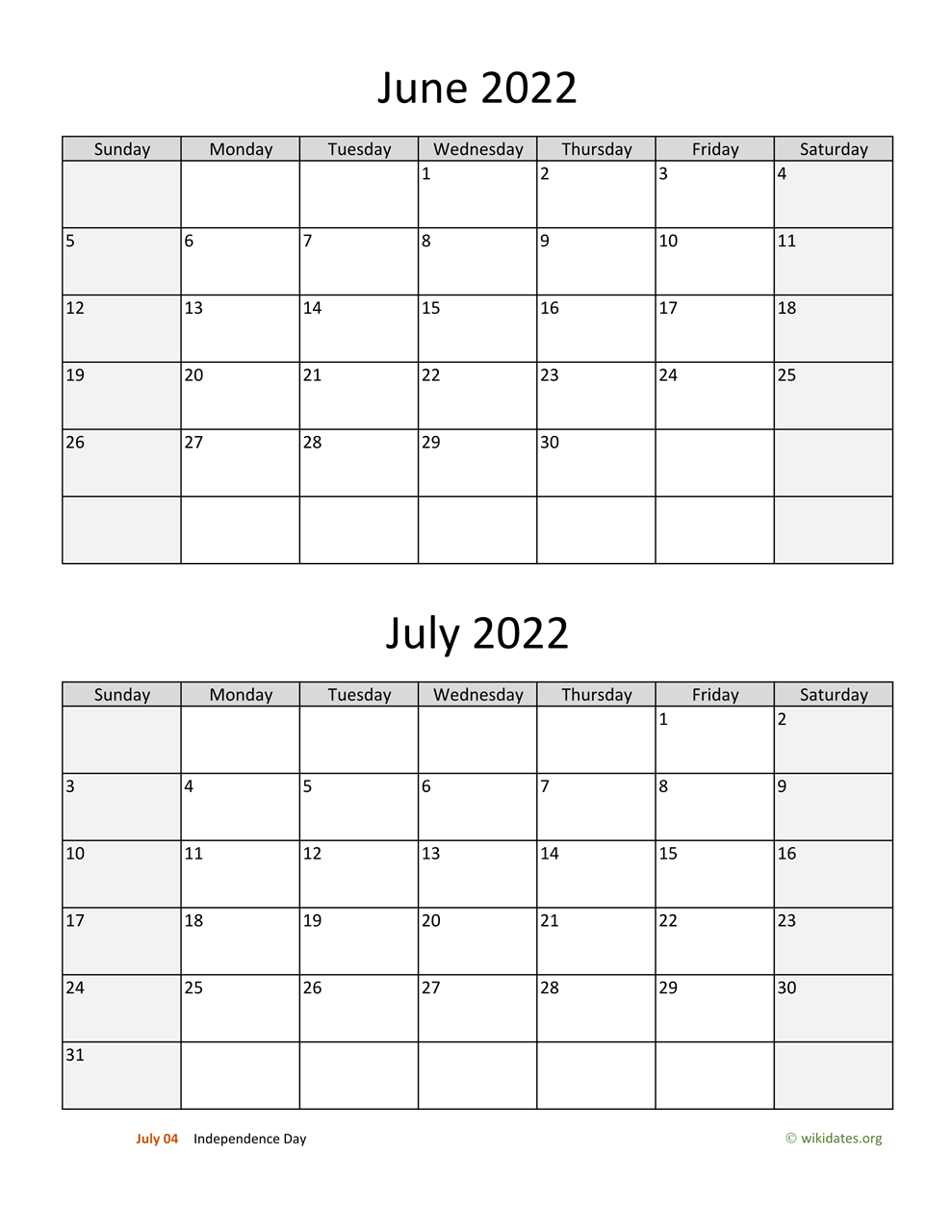 June And July 2022 Calendar WikiDates