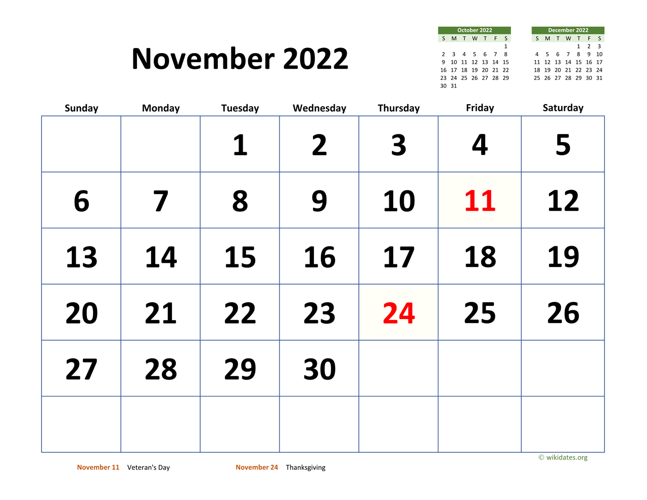 November 2022 Calendar with Extra-large Dates | WikiDates.org