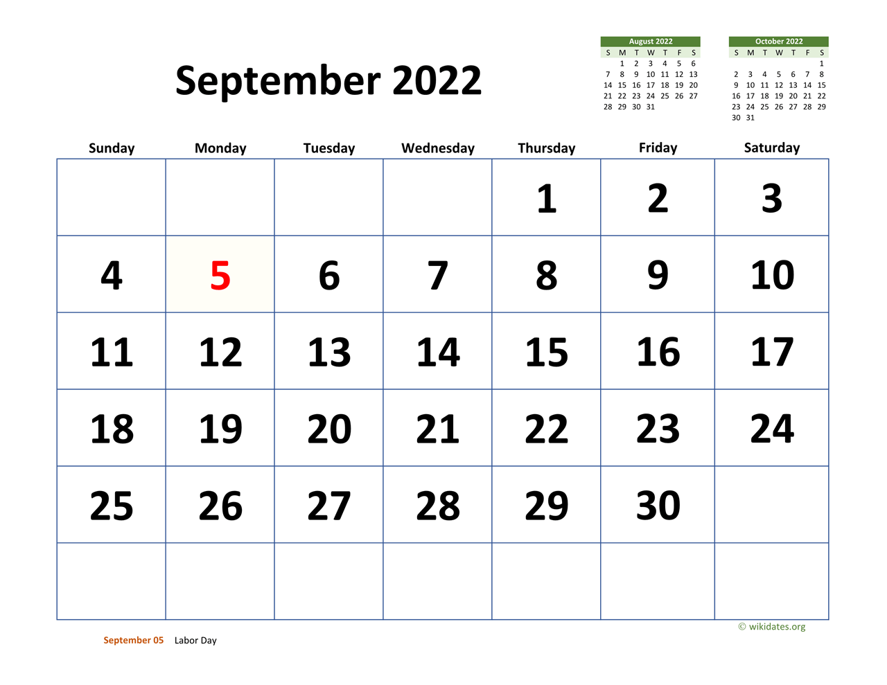 September 2022 Calendar with Extralarge Dates