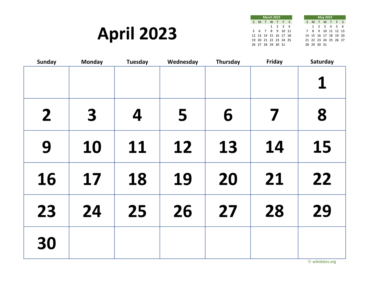 April 2023 Calendar with Extra large Dates WikiDates org