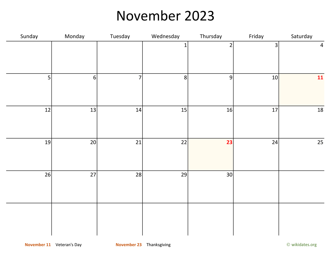 November 2023 Calendar With Bigger Boxes