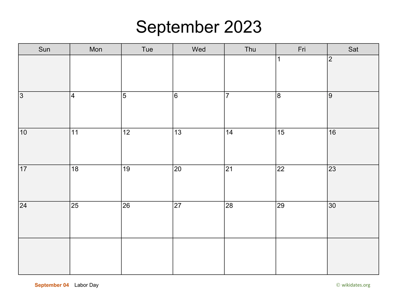 September 2023 Calendar With Weekend Shaded
