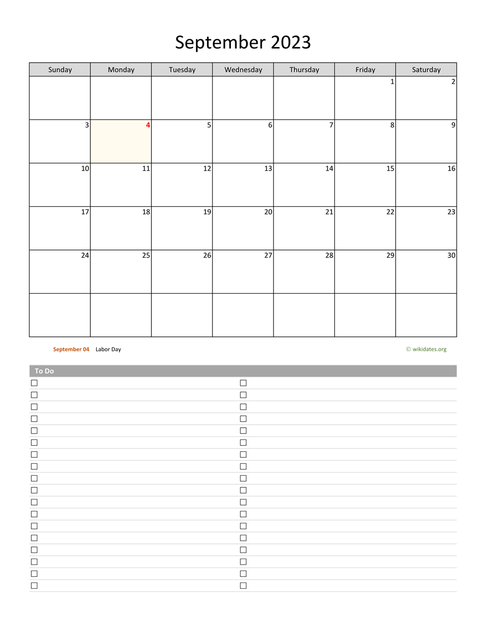 September 2023 Calendar With To Do List