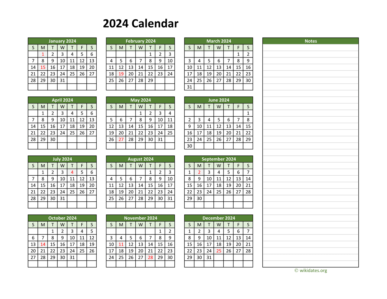 Yearly Printable 2024 Calendar With Notes WikiDates