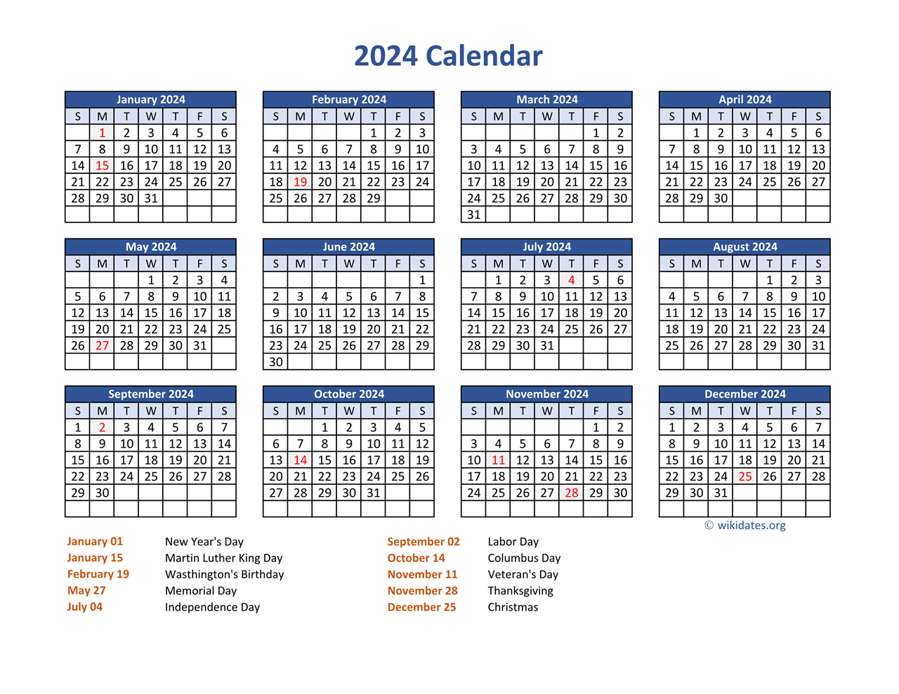 PDF Calendar 2024 with Federal Holidays WikiDates org