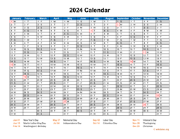 Printable 2024 Calendar with Federal Holidays | WikiDates.org