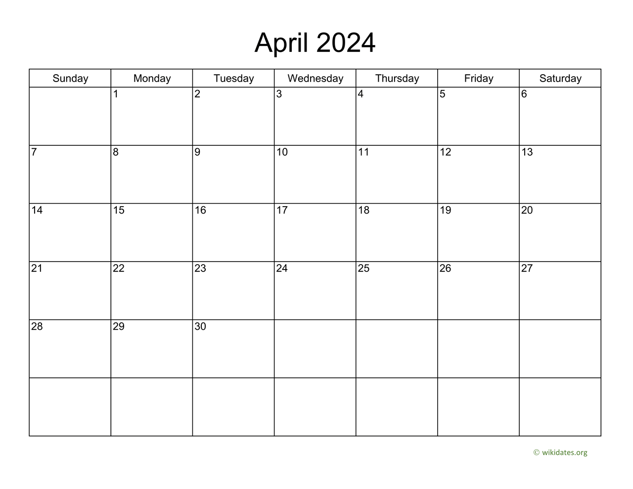 Basic Calendar for April 2024 WikiDates org