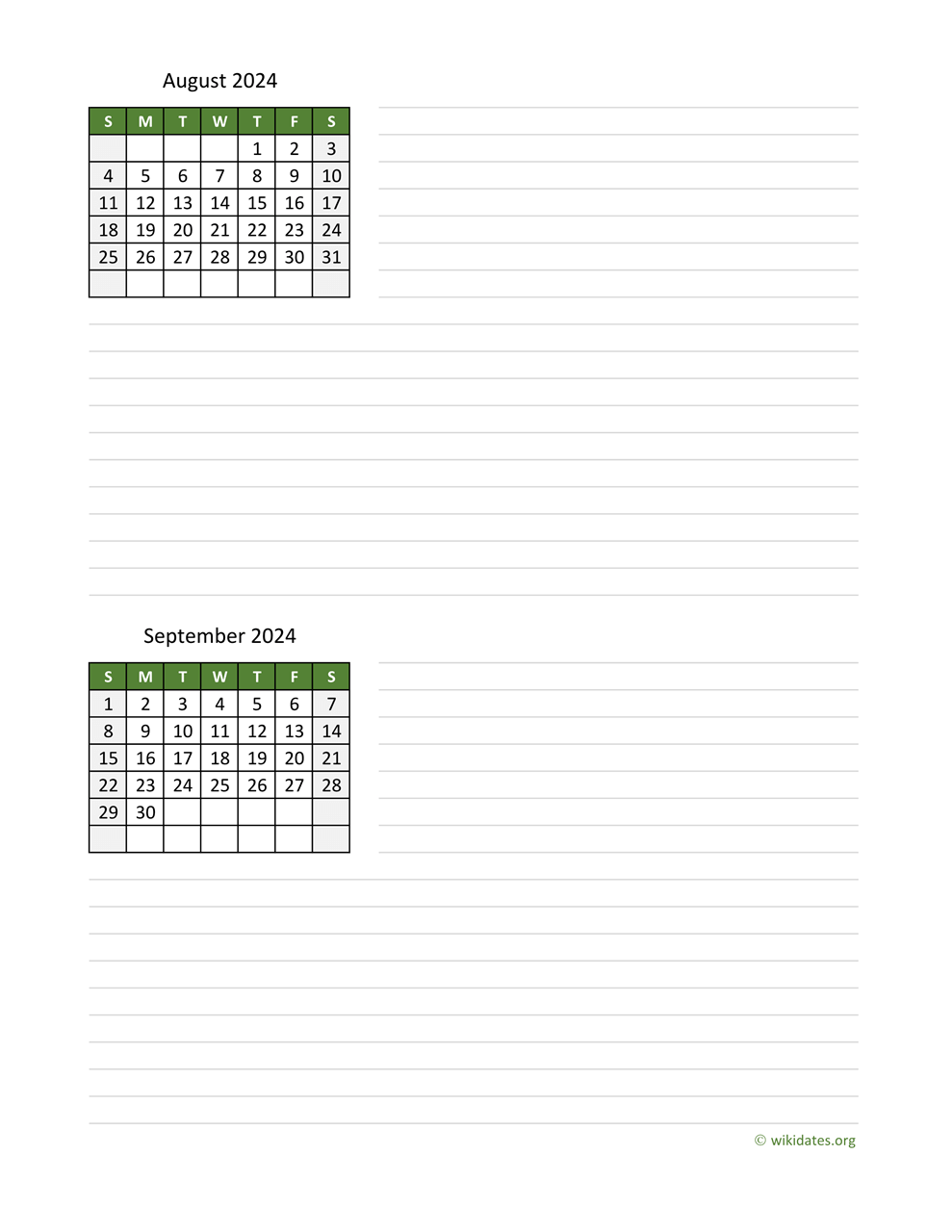 August and September 2024 Calendar | WikiDates.org
