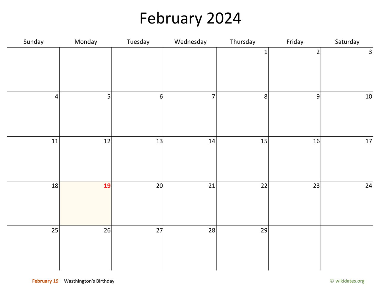 February 2024 Calendar with Bigger boxes | WikiDates.org