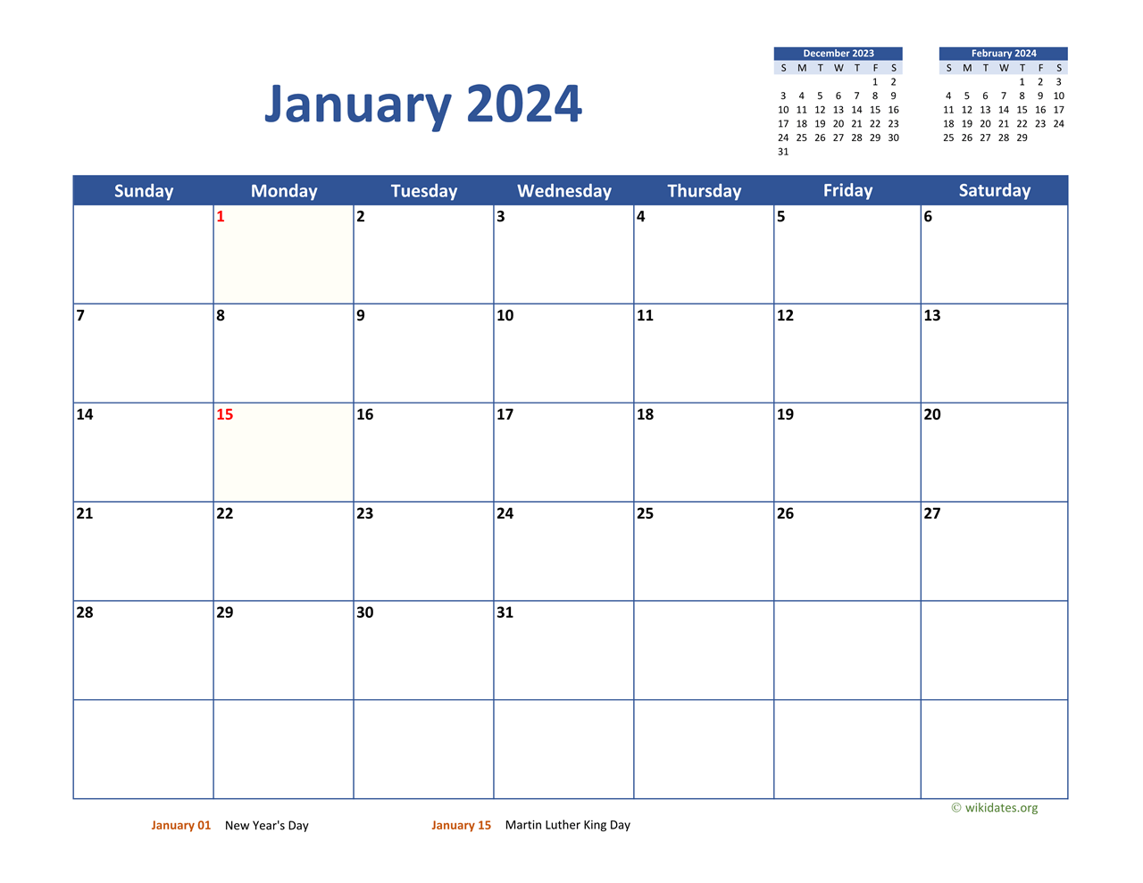 January 2024 Calendar With Extralarge Dates, 47 OFF