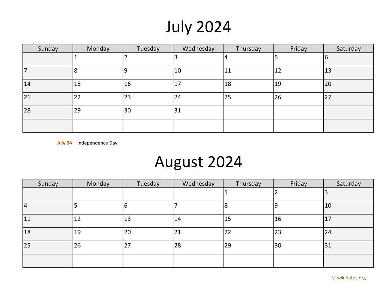 July And August 2024 Calendar WikiDates