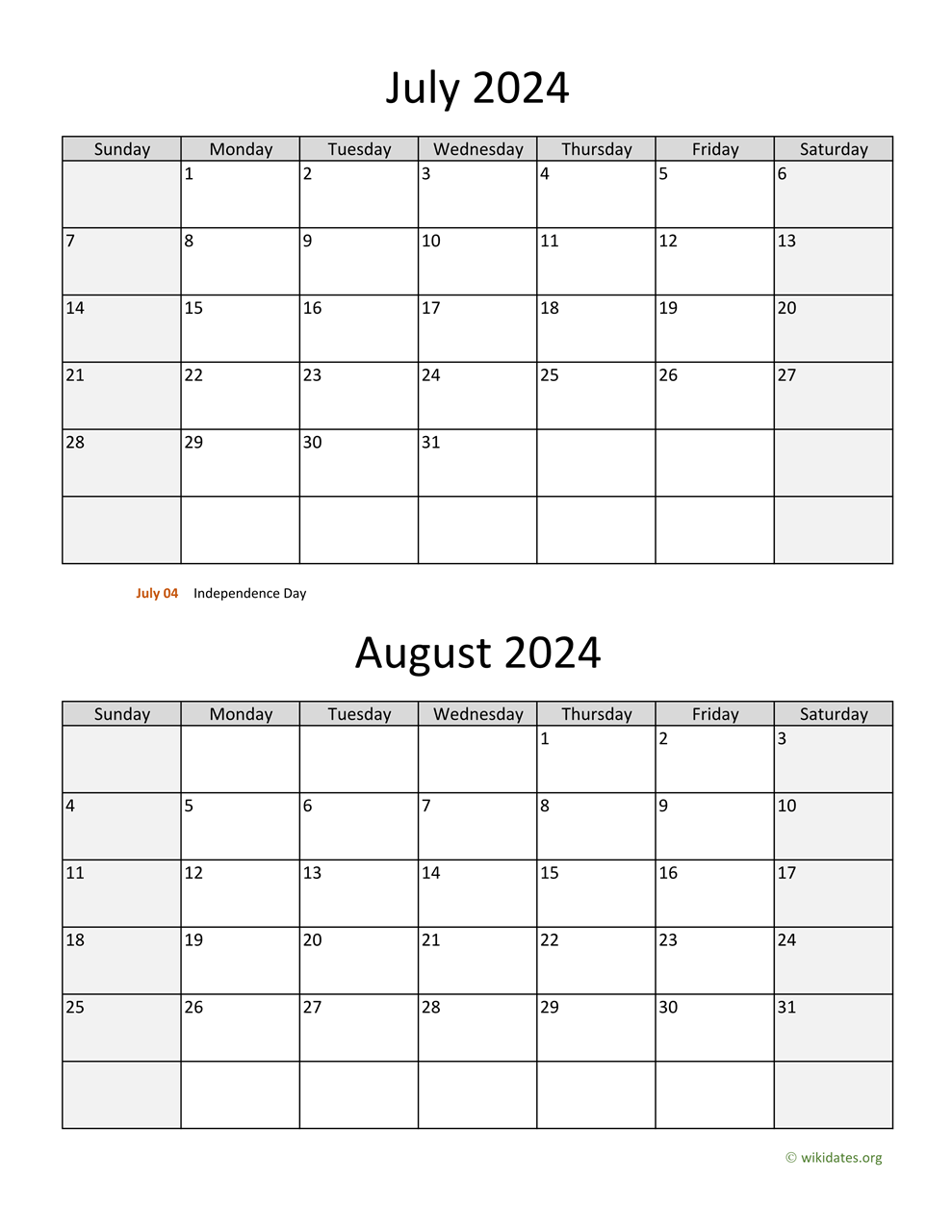 July and August 2024 Calendar  WikiDates.org