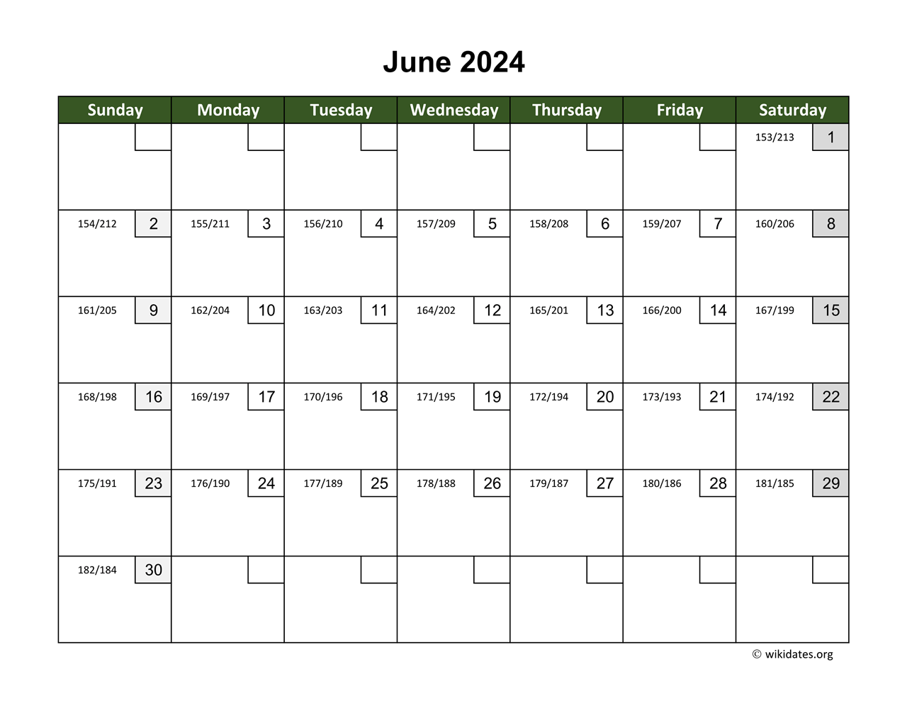 June 2024 Calendar with Day Numbers  WikiDates.org