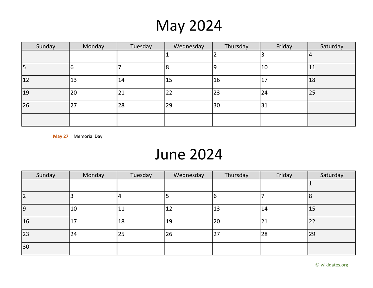 May and June 2024 Calendar | WikiDates.org