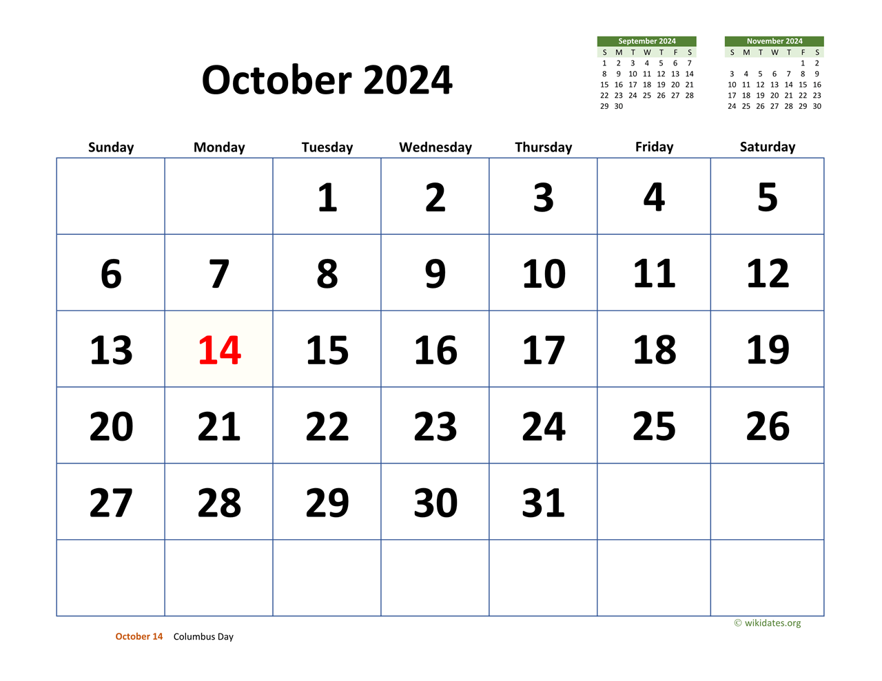 October 2024 Calendar With Extra large Dates WikiDates