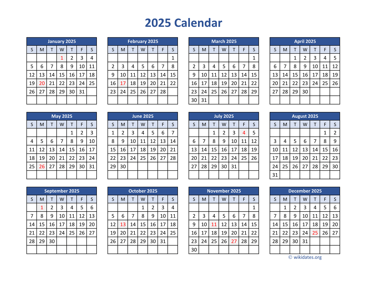 2025 Calendar in PDF  WikiDates.org