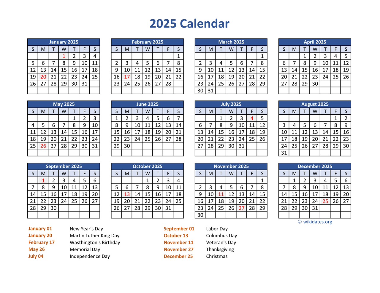 PDF Calendar 2025 with Federal Holidays | WikiDates.org