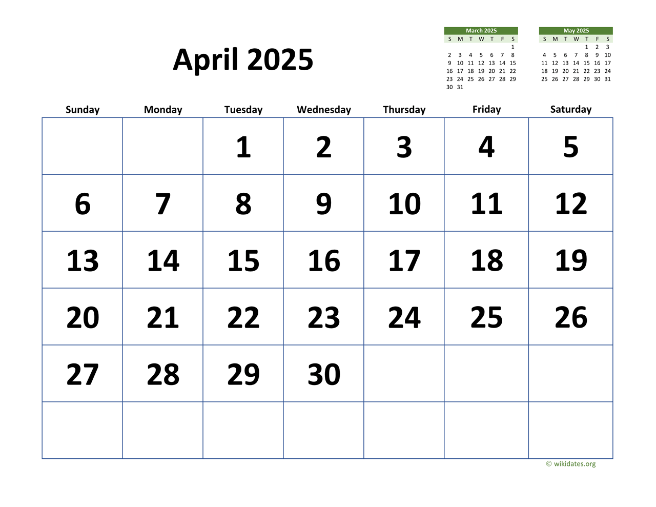 April 2025 Calendar with Extra large Dates WikiDates org