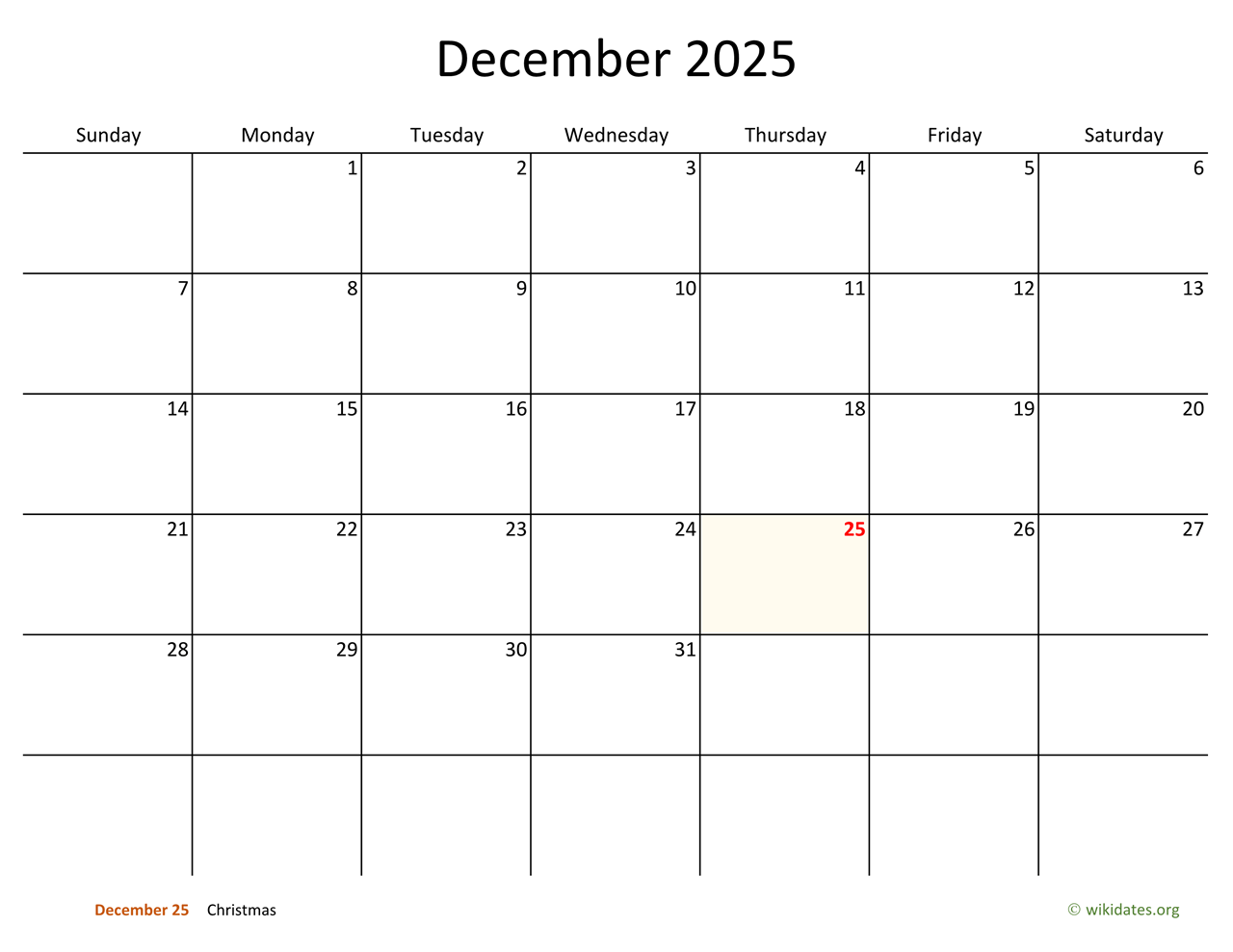 December 2025 Calendar with Bigger boxes  WikiDates.org