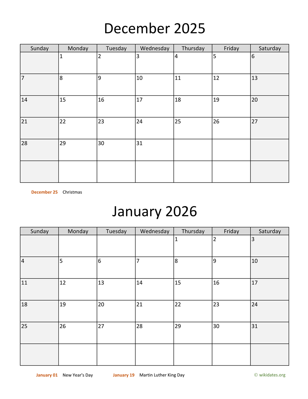 December 2025 and January 2026 Calendar  WikiDates.org