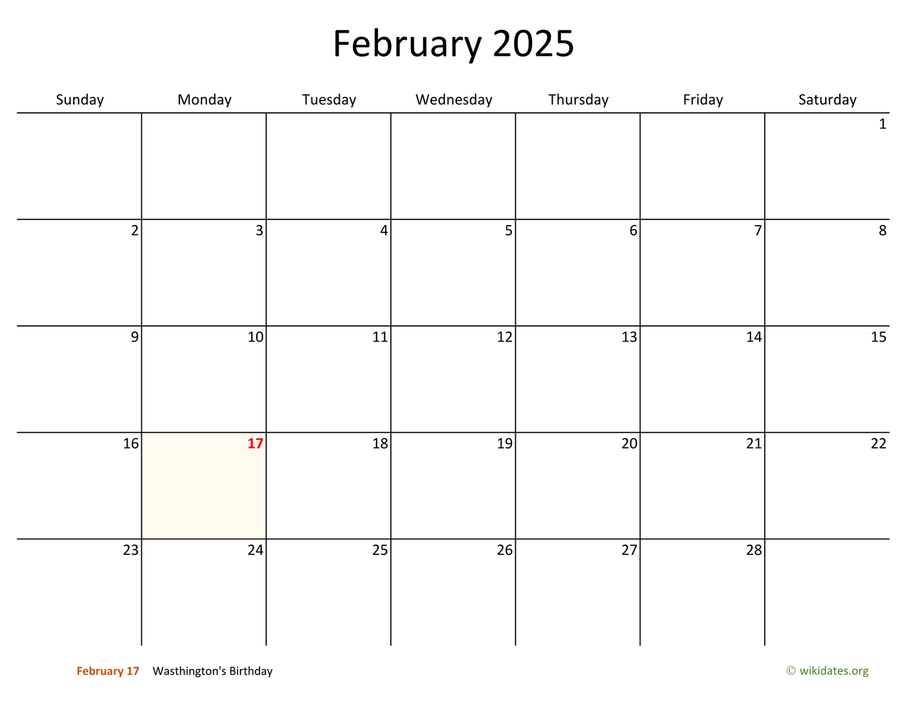 February 2025 Calendar with Bigger boxes  WikiDates.org