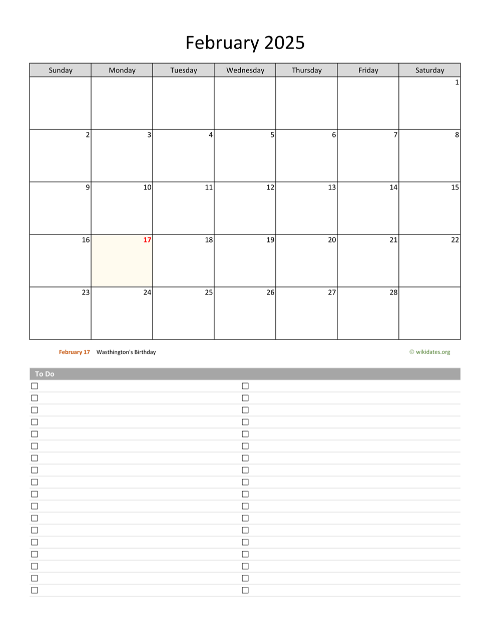 February 2025 Calendar With To Do List WikiDates