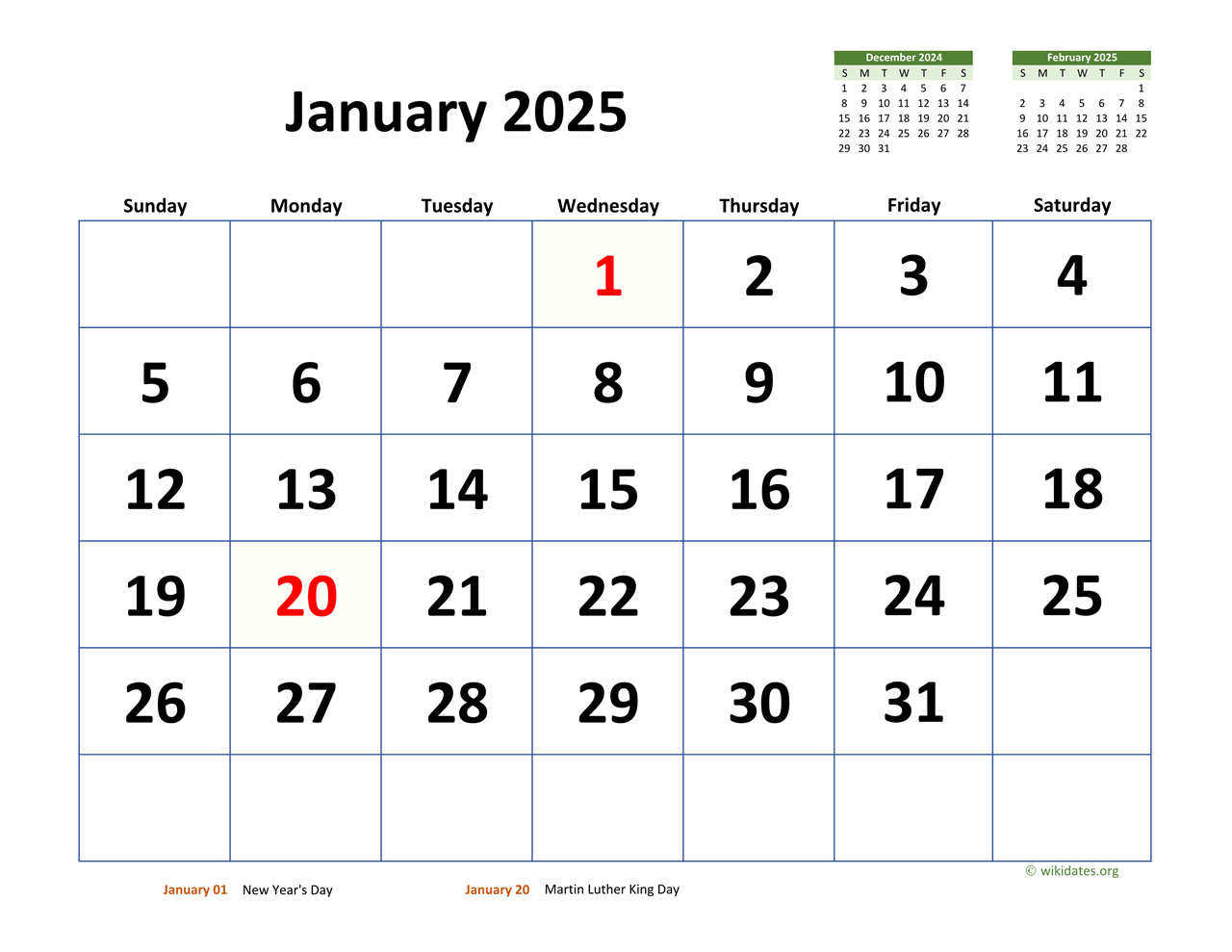 January 2025 Calendar with Extralarge Dates
