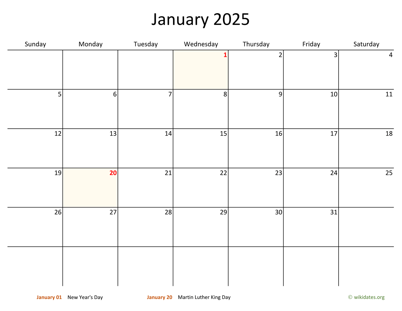 January 2025 Calendar with Bigger boxes  WikiDates.org